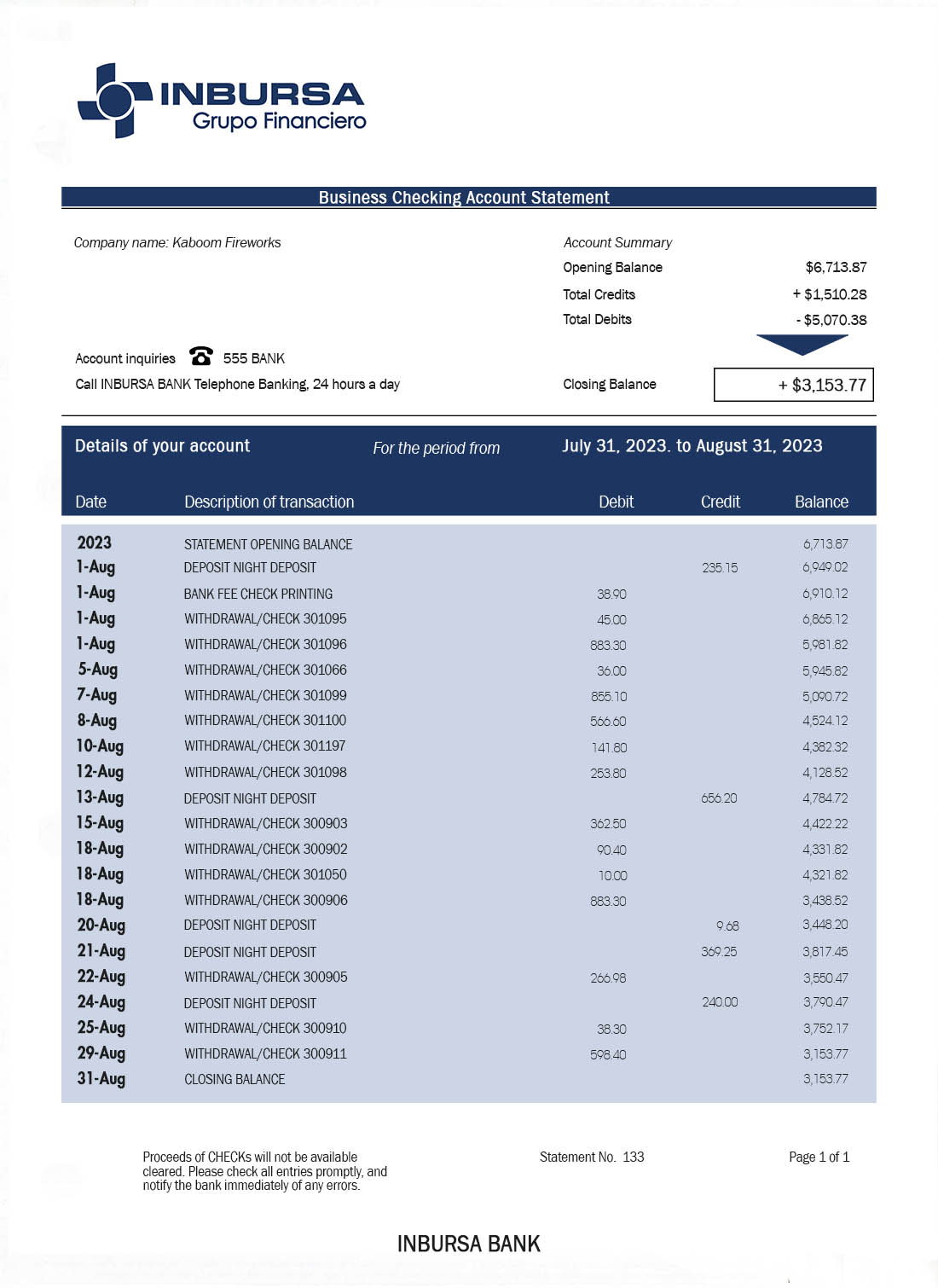 Relevé bancaire de la Banque INBURSA